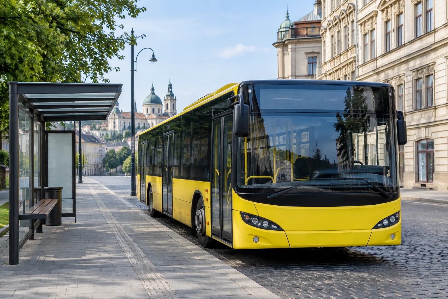 Міський автобус біля зупинки у Львові