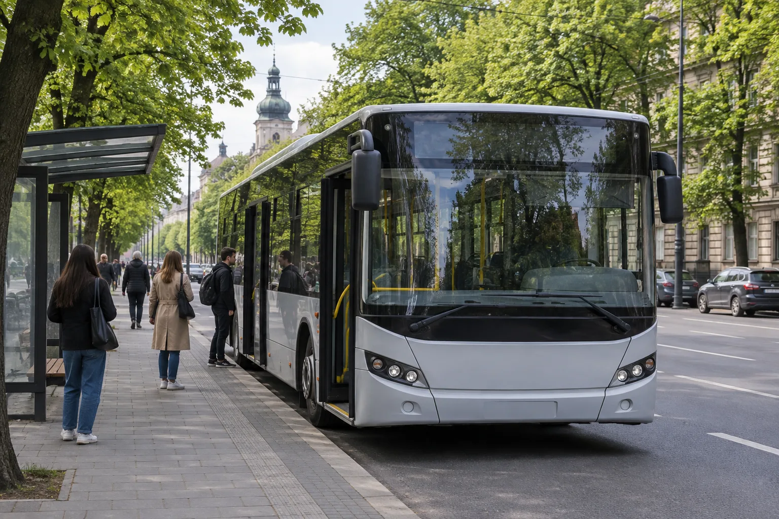 Міський автобус біля тротуару на проспекті Чорновола Автобус на зупинці проспекту Чорновола у Львові