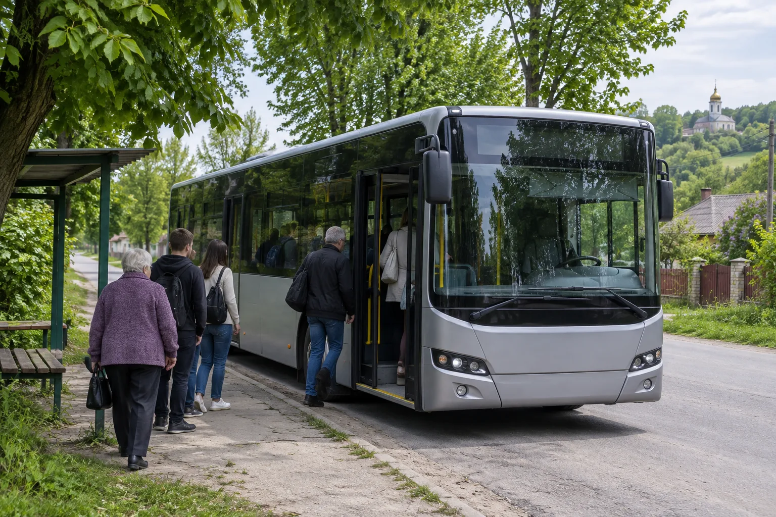 Посадка пасажирів на автобус у Збиранці Автобус біля зупинки в селі Збиранка