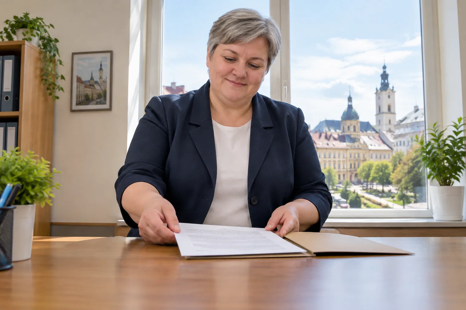 Жінка за столом переглядає документ біля вікна з видом на Львів