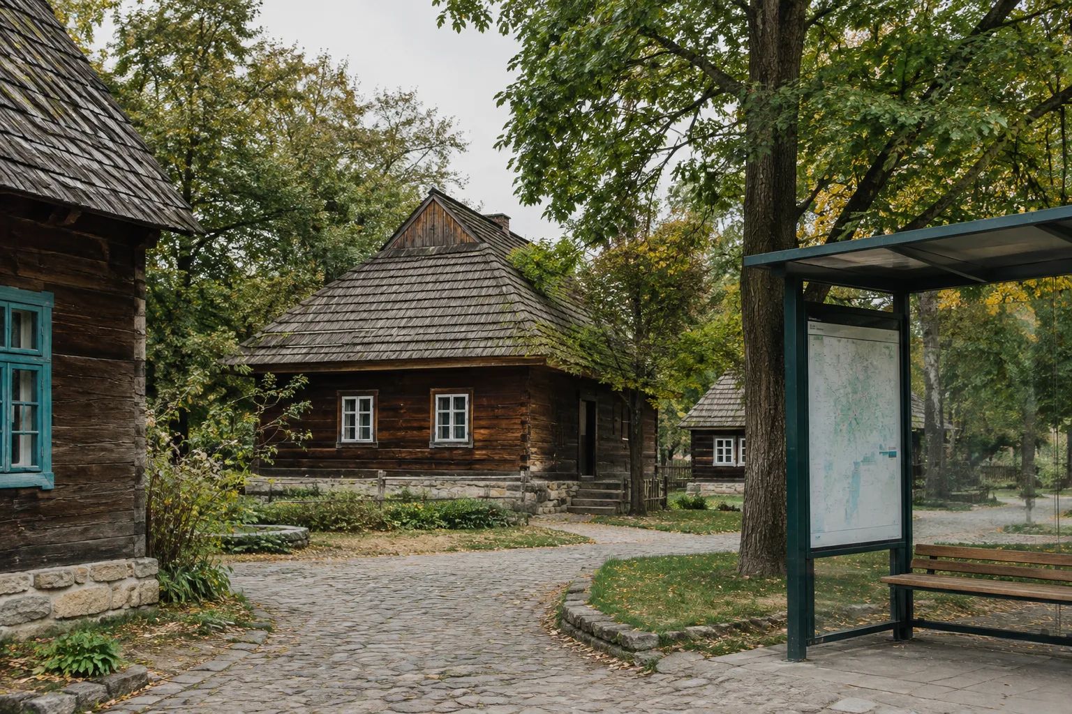Деревянные постройки Шевченковского гая среди зелени