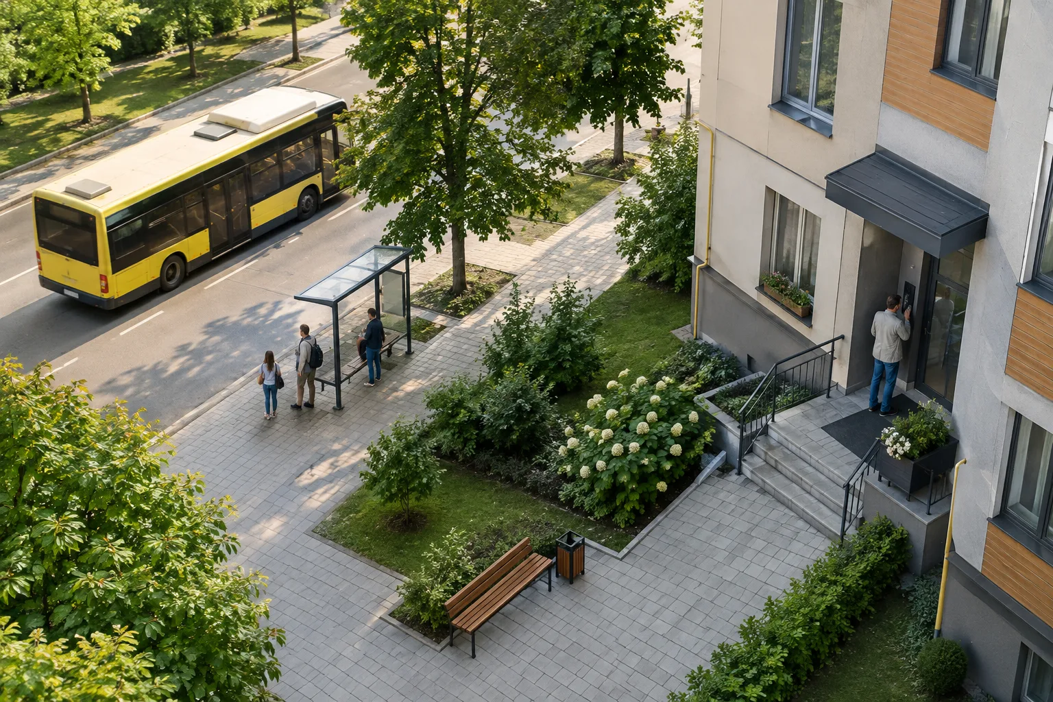 Міський автобус їде вулицею повз зупинку, де чекають пасажири