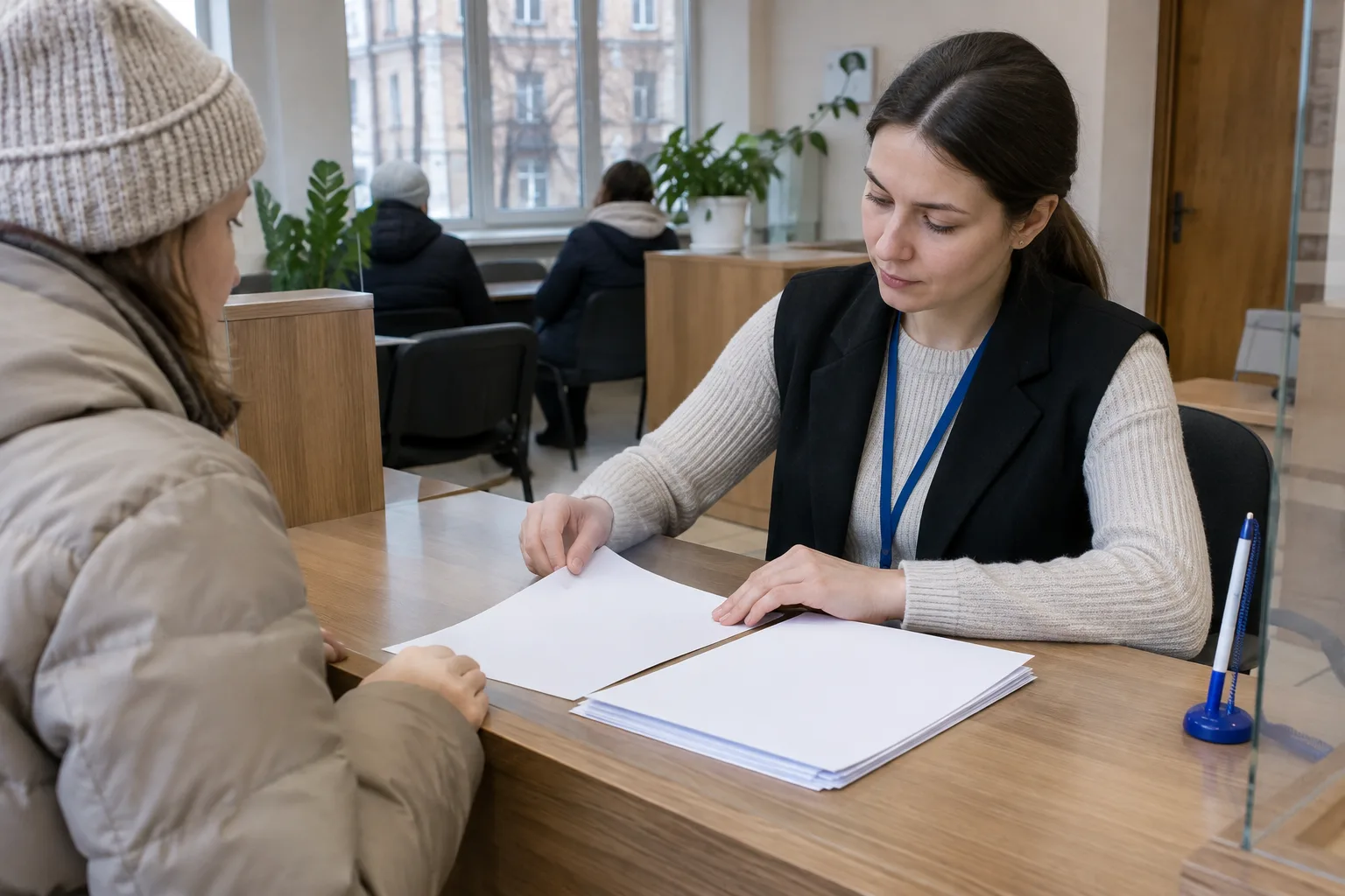 Особисте звернення за документом Стійка прийому з чистими аркушами та руками відвідувача