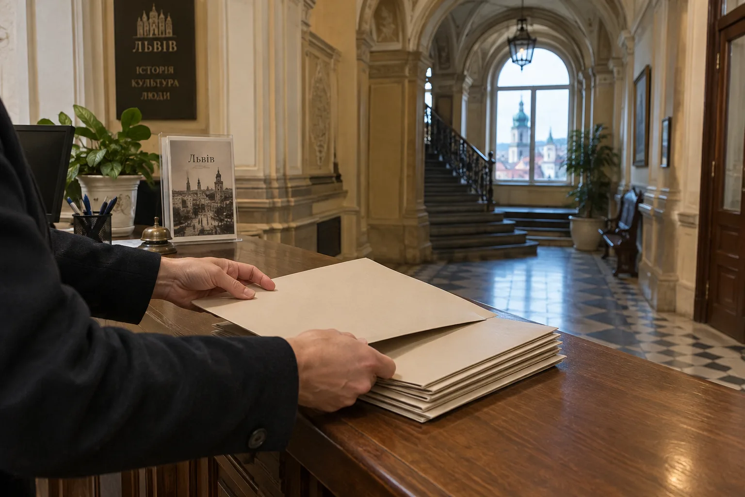 Жінка переглядає документи за стійкою прийому відвідувачів